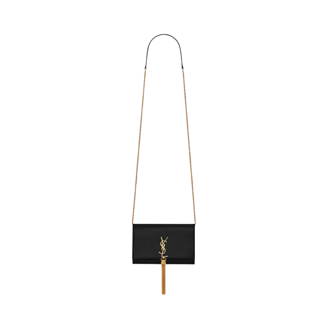 742833-BOW0J-1000 Saint Laurent Kate Chain Wallet With Tassel In Grain De Poudre Embossed Leather Black