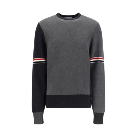 Thom Browne RWB Stripe Cotton Milano Stitch Crewneck Pullover Tonal Grey