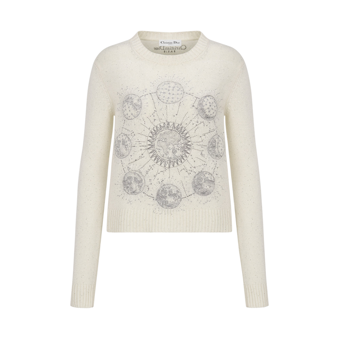 (W) 디올 자수 스웨터 화이트 캐시미어 니트 그레이 페이즈 륀느 모티프((W) Dior Embroidered Sweater White Cashmere Knit Gray Phases Lunaires Motif) - 1