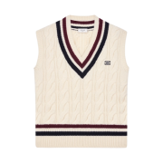 Celine Triomphe V-Neck Cable Knit in Cashmere Ecru Burgundy