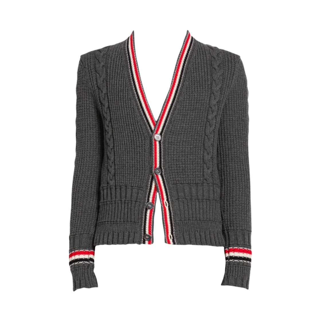 톰브라운 케이블 스티치 메리노 울 스트라이프 클래식 브이넥 가디건 미디움 그레이(Thom Browne Cable Stitch Merino Wool Stripe Classic V-Neck Cardigan Medium Grey) - 1