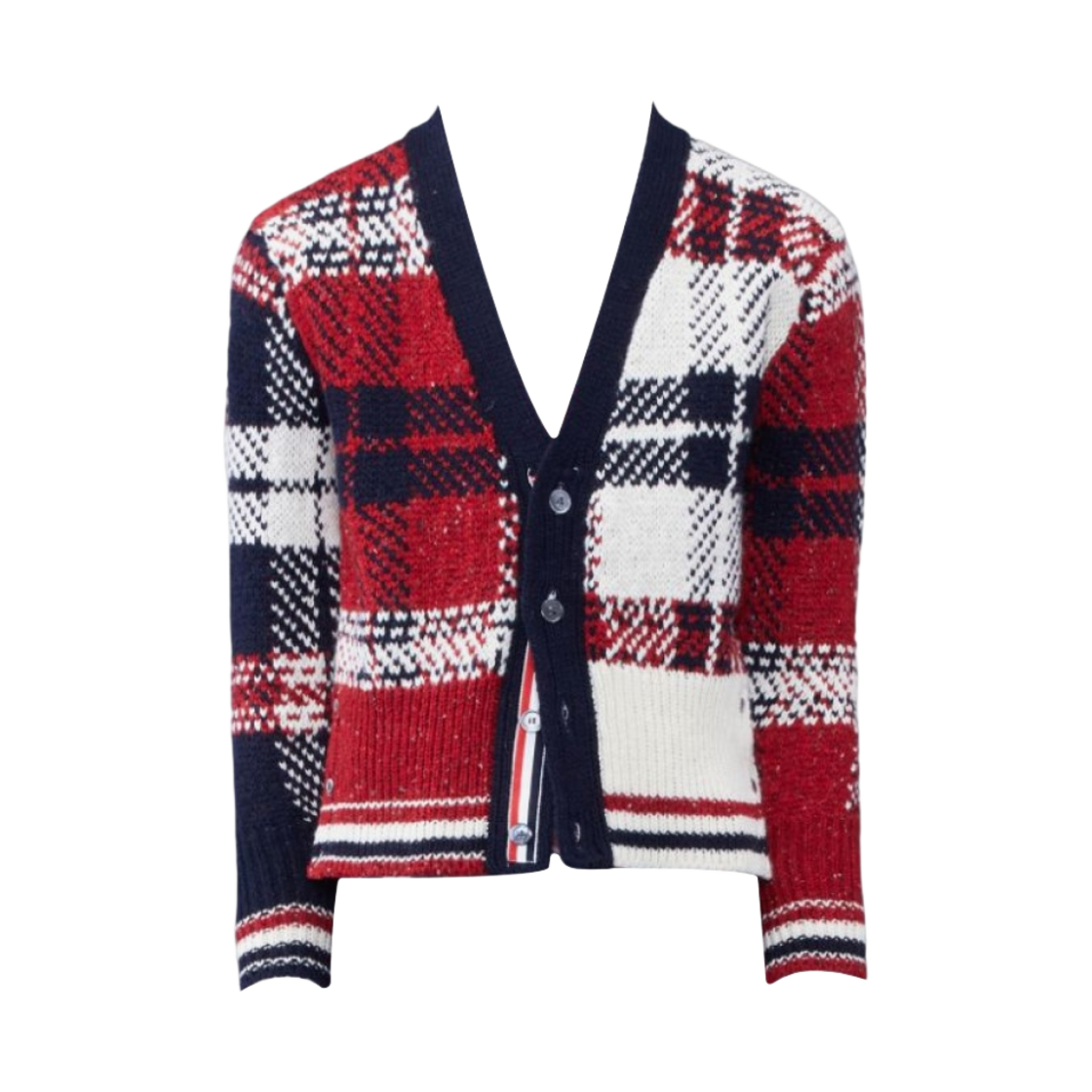톰브라운 도네갈 타탄 스트라이프 브이넥 가디건 레드(Thom Browne Donegal Tartan Stripe V-Neck Cardigan Red) - 1