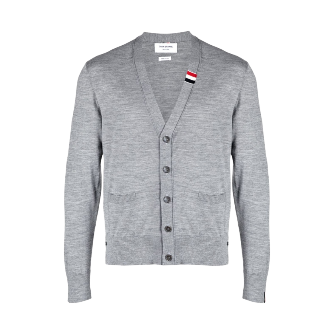 MKC489A-Y1014-055 Thom Browne Fine Merino Jersey Stripe Relaxed V-Neck Cardigan Light Grey