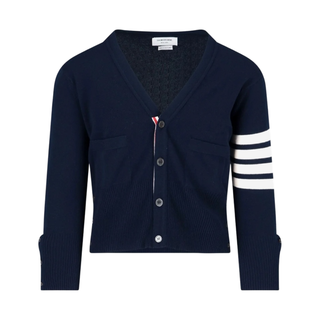 톰브라운 캐시미어 사선 숏 브이넥 가디건 네이비(Thom Browne Cashmere 4-Bar Short V-Neck Cardigan Navy) - 1