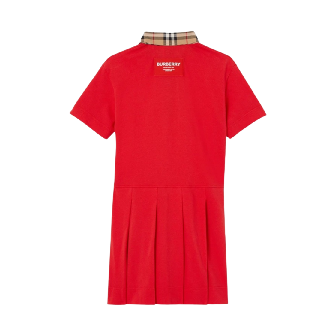 (키즈) 버버리 빈티지 체크 트리밍 코튼 폴로 셔츠 드레스 브라이트 레드((Kids) Burberry Vintage Check Trim Cotton Polo Shirt Dress Bright Red) - 2