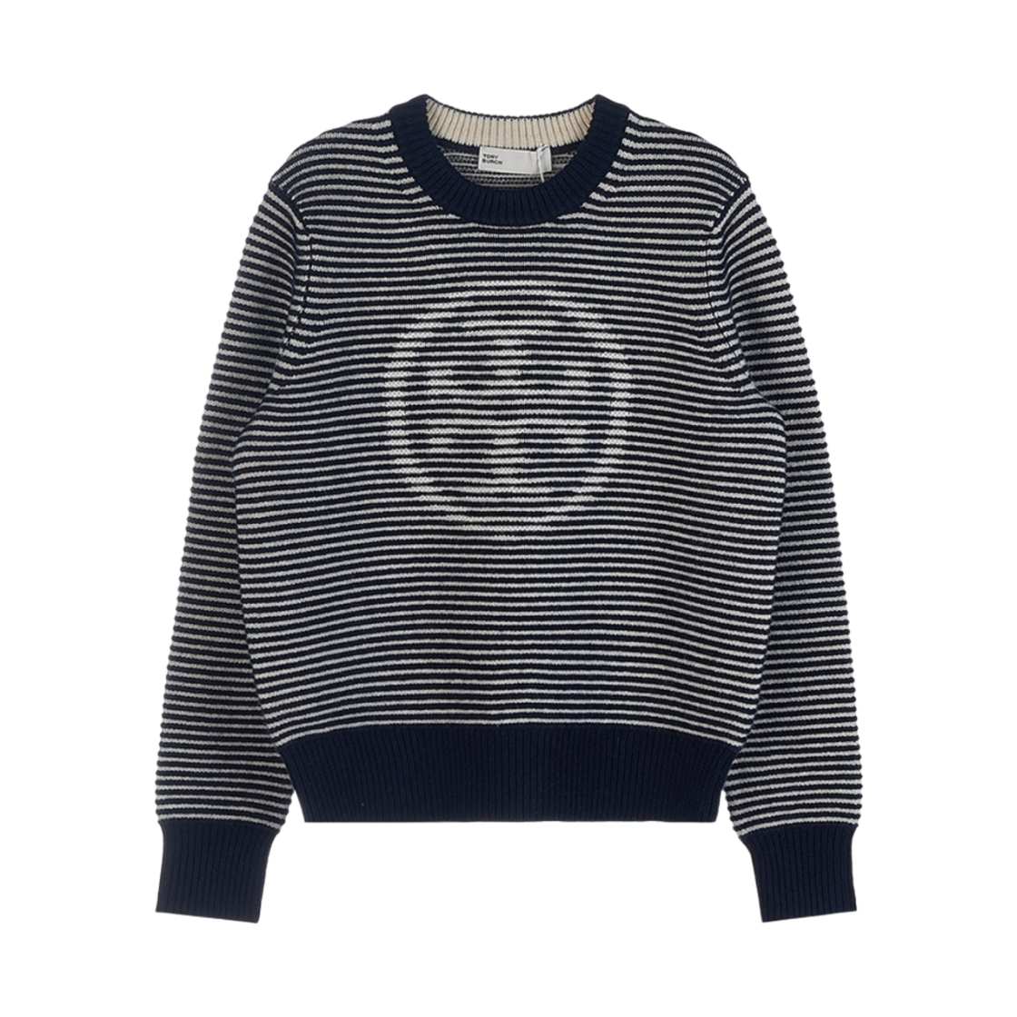 142250-405 (W) Tory Burch Logo Striped Wool Knit Navy
