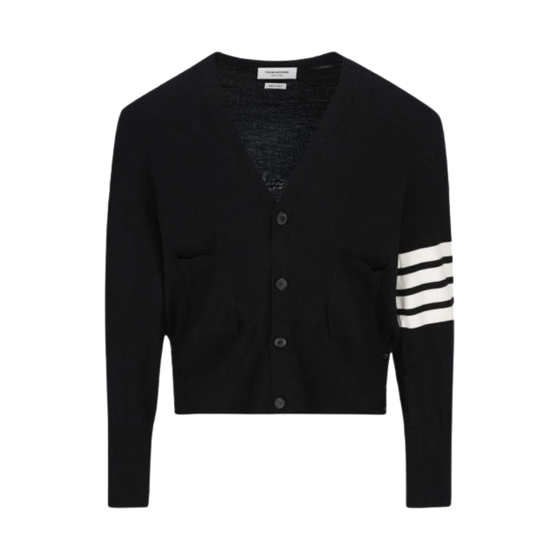 MKC370A-Y1002-001 Thom Browne Fine Merino Wool Intrasia Back 4-Bar & Mr. Thom Icon Classic V-Neck Cardigan Black - 대표 이미지 #1