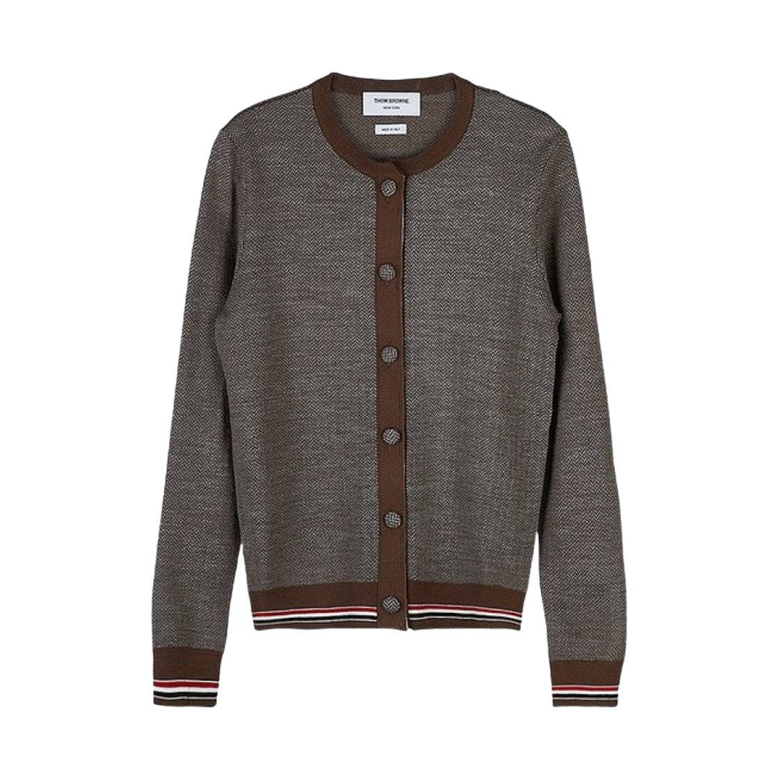 (W) 톰브라운 헤링본 자카드 크루넥 가디건 브라운((W) Thom Browne Herringbone Jaquard Crewneck Cardigan Brown) - 1