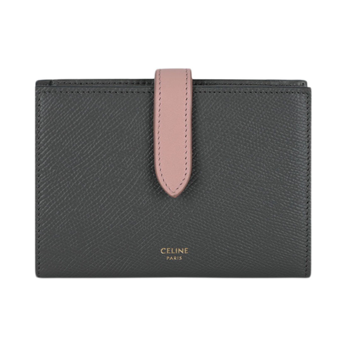 10B643BRU-10GV Celine Medium Strap Wallet in Bicolour Grained Calfskin Grey Vintage Pink