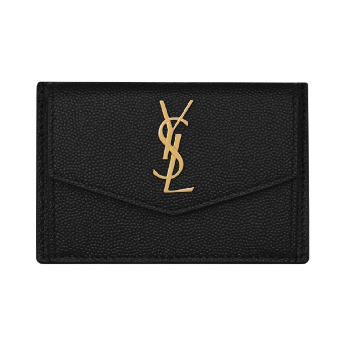582305-1GF0J-1000 Saint Laurent Gold Monogram Uptown Card Case in Grain de Poudre Embossed Leather Black