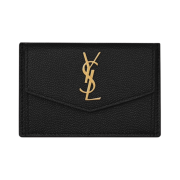 Saint Laurent Gold Monogram Uptown Card Case in Grain de Poudre Embossed Leather Black
