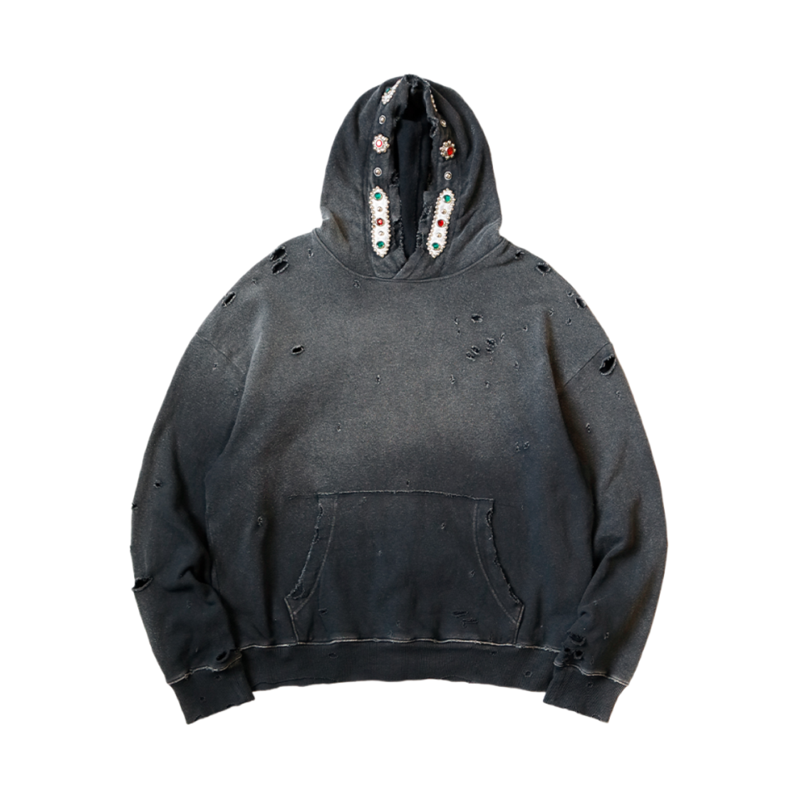 캐피탈 스릴러 데미지드 플리스 후드 스웨트셔츠 스터드 블랙(Kapital Thriller Damaged Fleece Hooded Sweatshirt Studs Black)