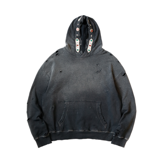 Kapital Thriller Damaged Fleece Hooded Sweatshirt Studs Black