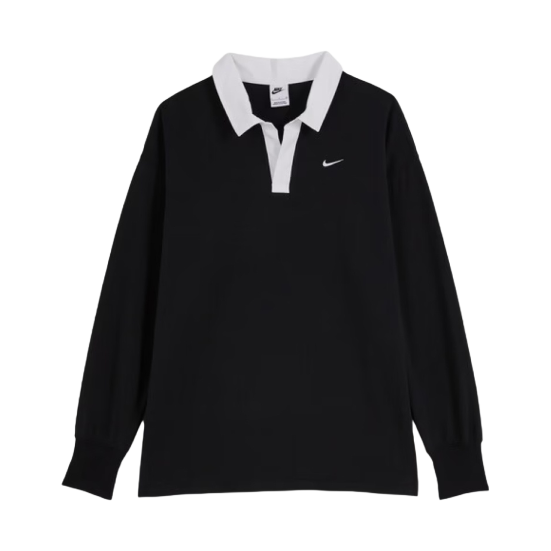 (W) 나이키 NSW 에센셜 오버사이즈 롱슬리브 폴로 블랙 화이트 - 아시아((W) Nike NSW Essential Oversized Long Sleeve Polo Black White - Asia)