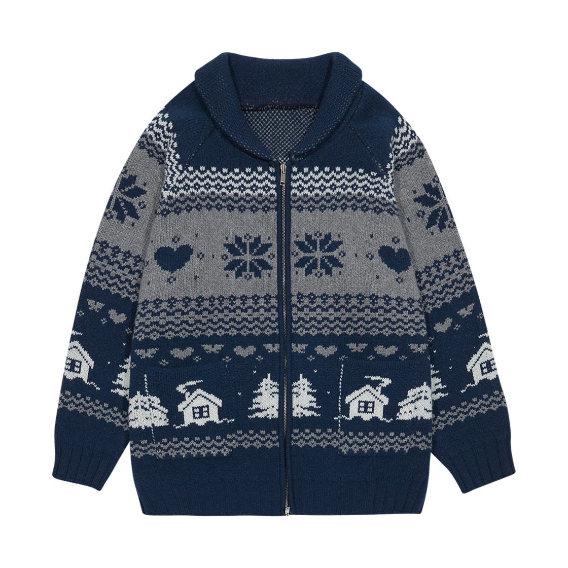 MF249NCD002CNAFR Margarin Fingers Lambswool Cowichan Knit Zip-Up Navy