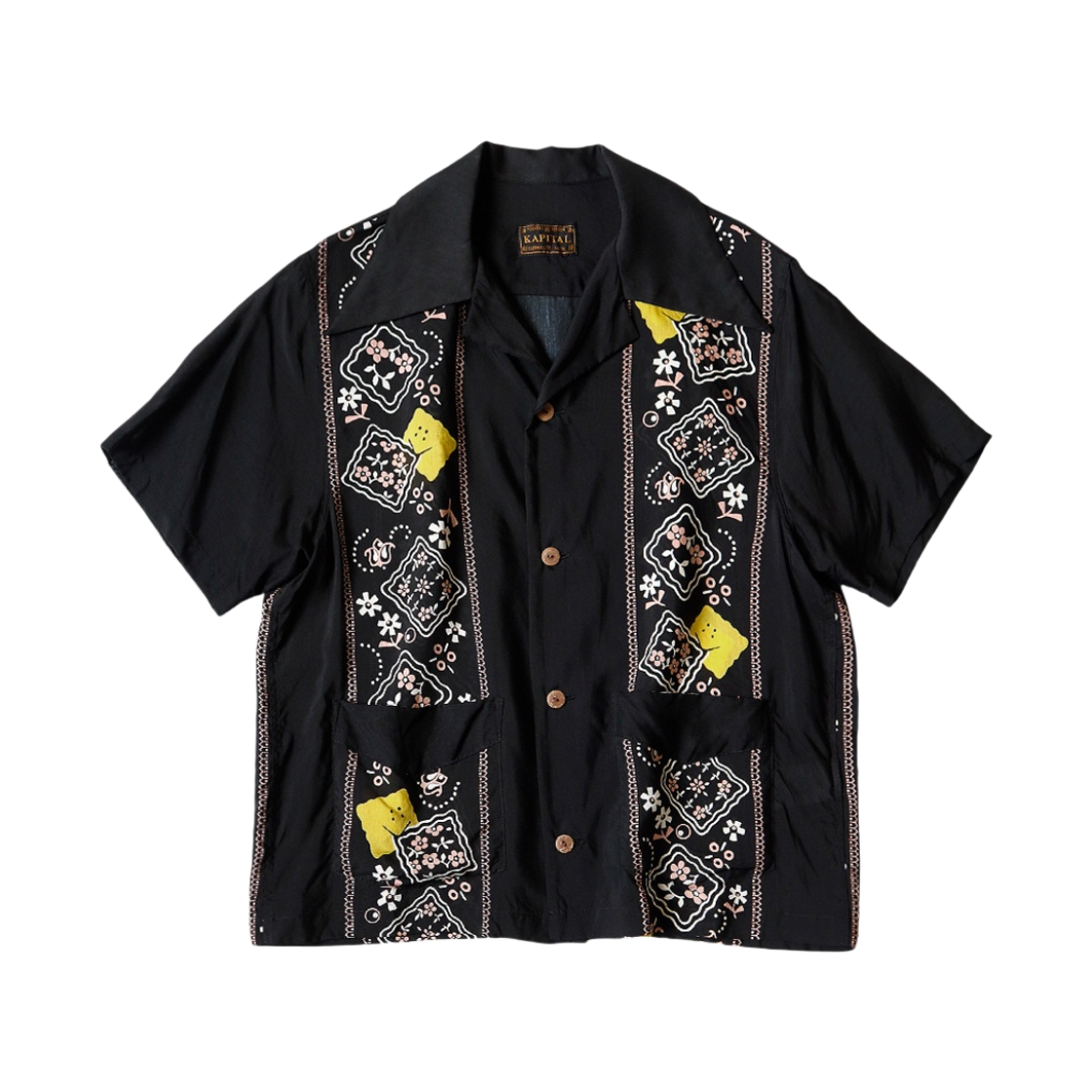 (W) 캐피탈 실크 레이온 패키쉬 레인보위 패턴 랭글 칼라 쿠반 셔츠 숏슬리브 L's 블랙