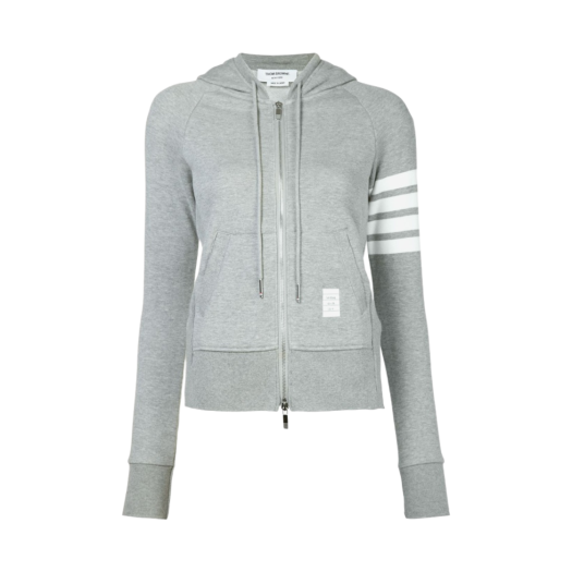 (W) Thom Browne Loopback Jersey Knit Engineered 4-Bar Stripe Zip Up Hoodie Light Grey