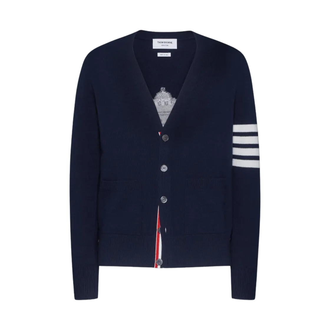 MKC567A-Y1029-415 Thom Browne Nutcracker Merino Wool 4-Bar Cardigan Blue