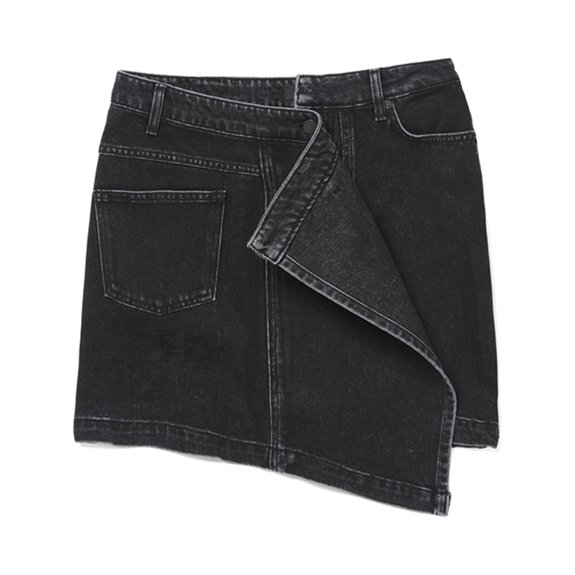 고엔제이 어시메트릭 드레이프 다운 워싱 미니 데님 스커트 블랙(GOEN.J Asymmetric Draped Down Washed Mini Denim Skirt Black)