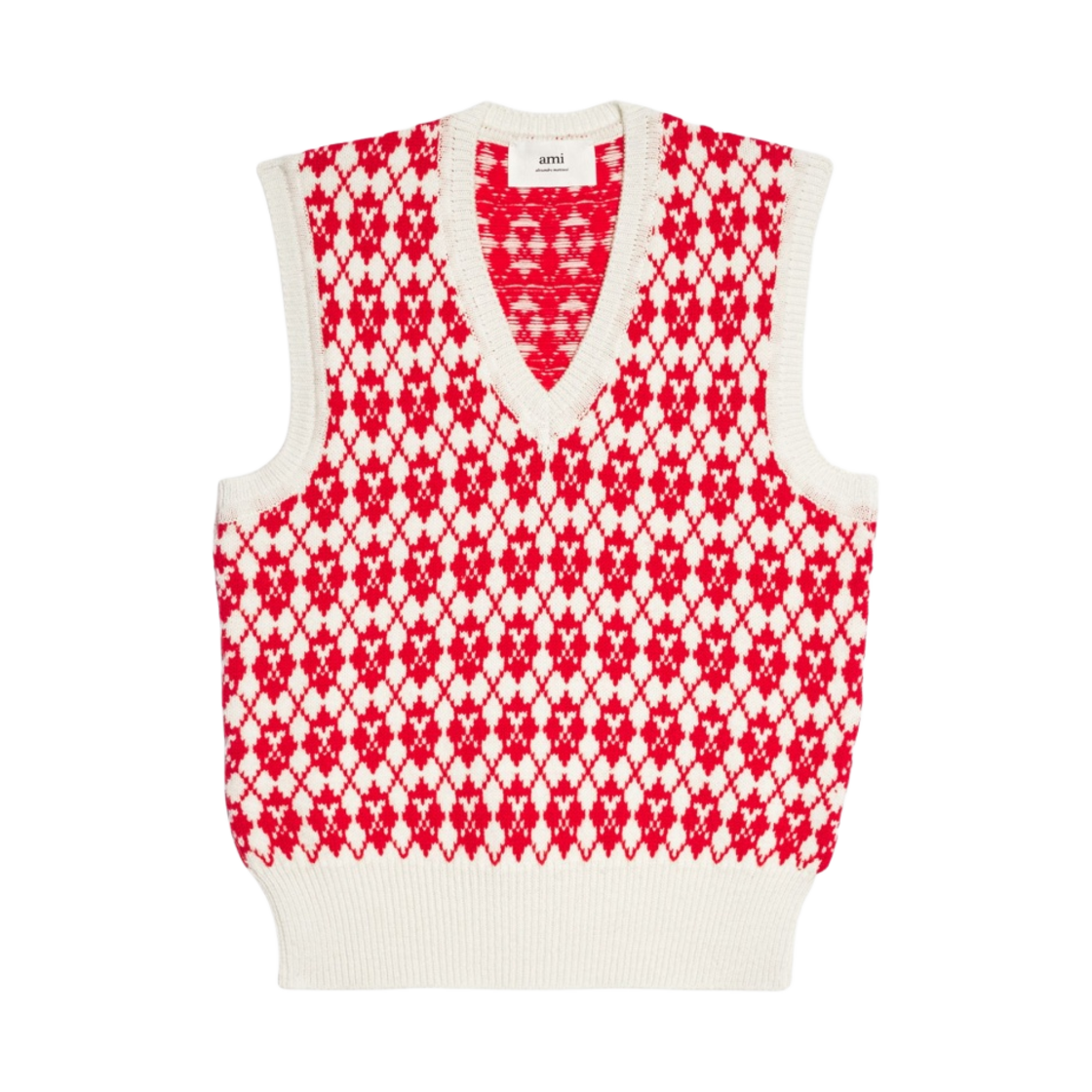 아미 자카드 슬리브리스 브이넥 스웨터 오프 화이트 레드(AMI Jacquard Sleeveless V-Neck Sweater White Red) - 1