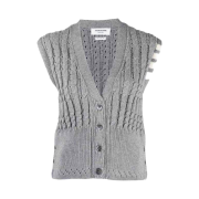 (W) Thom Browne Merino Wool 4-Bar Pointelle Cable Cardigan Vest Light Grey