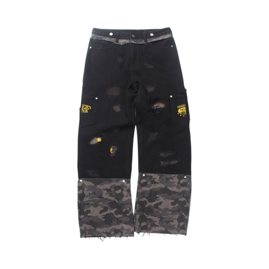 24-B001 Black Resurrection13 Boro & Camo Detail Pants Black