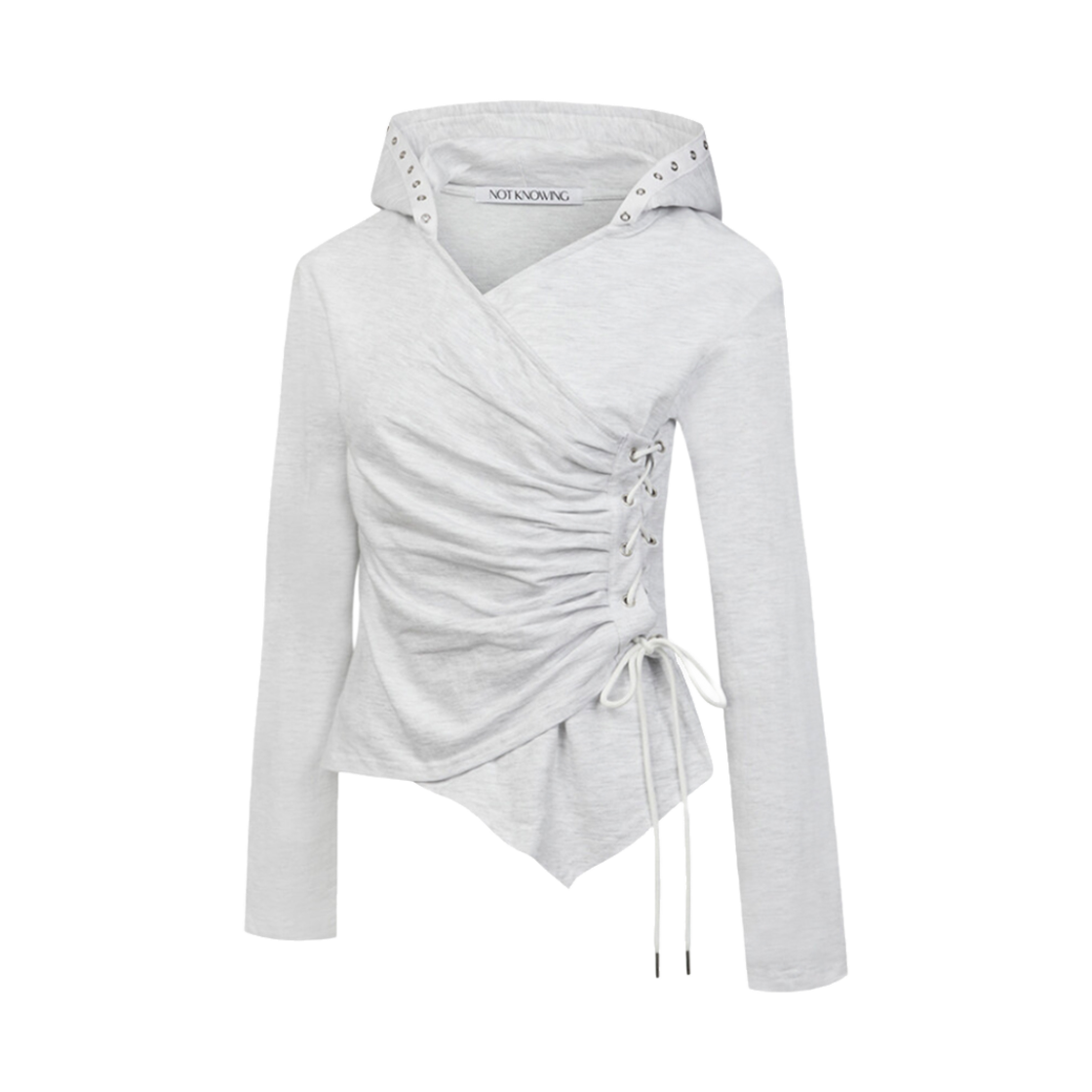NK4SLS02-1 Notknowing Lace Up Shirring Eyelet Hoodie Melane White