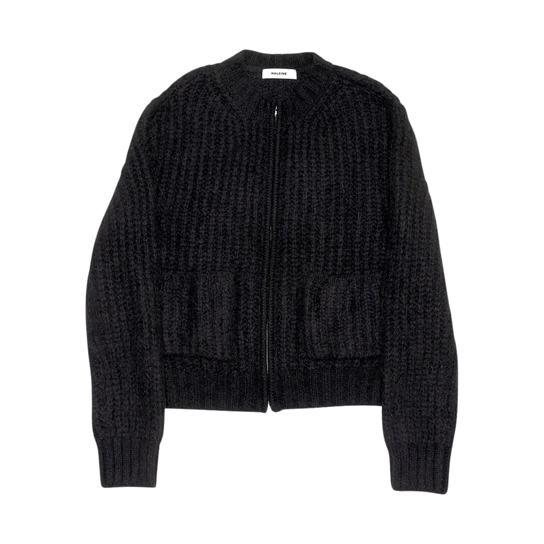 알렌느 알파카 청키 라운드 넥 집업 니트 가디건 블랙