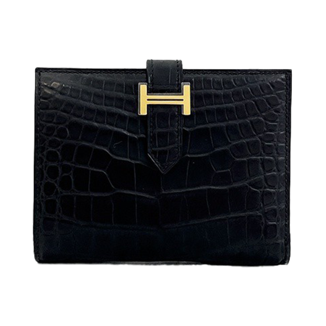 ITNISGSDR4UD Hermes Crocodile Bearn Wallet Black Gold W Stamp