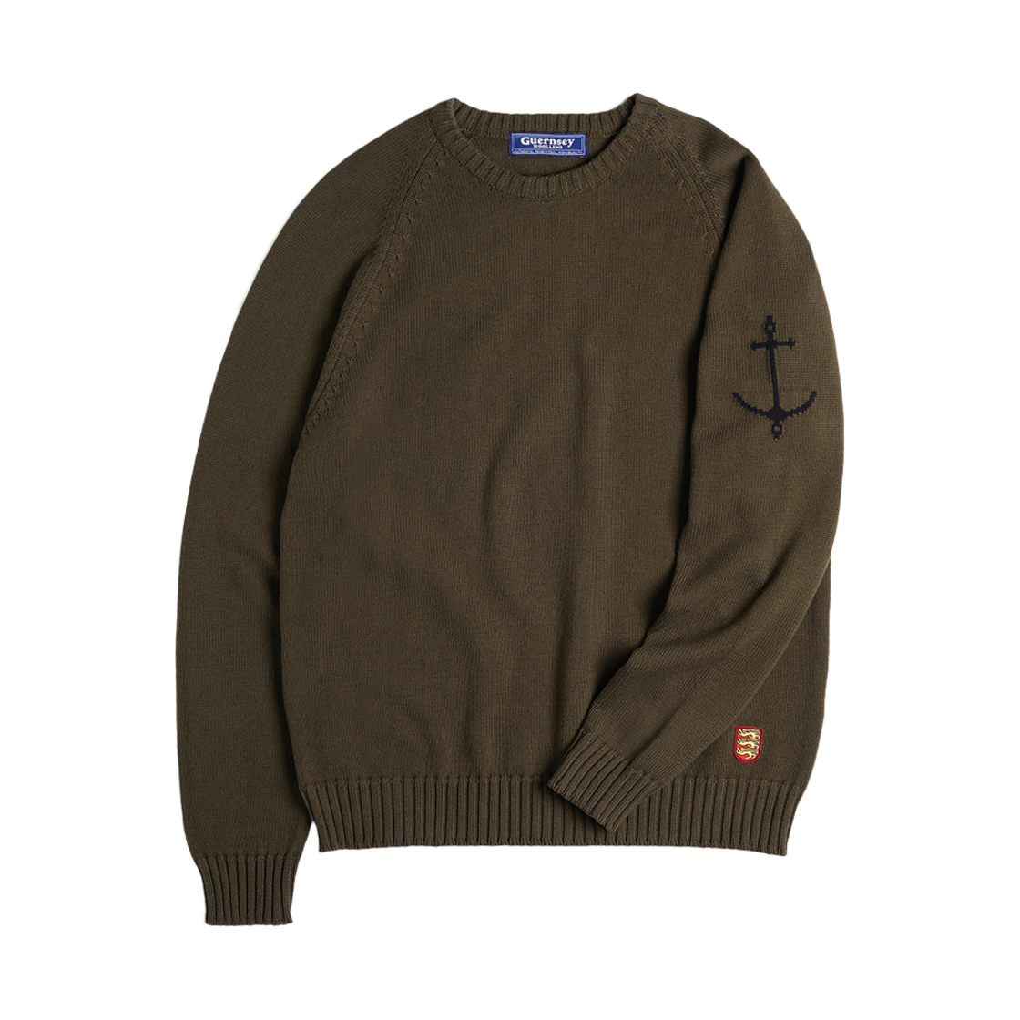 - Guernsey Woollens Raglan Crewneck Cotton Sweater Dark Khaki