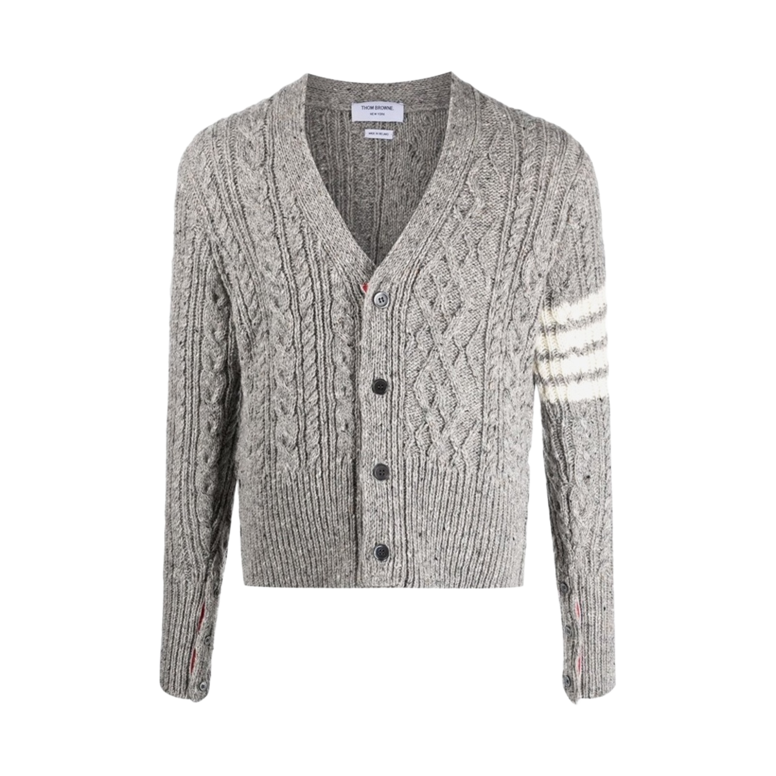 톰브라운 도네갈 케이블 사선 브이넥 가디건 라이트 그레이(Thom Browne Donegal Cable 4-Bar V-Neck Cardigan Light Grey)