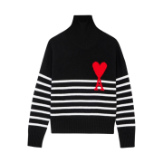 AMI de Coeur Striped Oversize Intarsia Funnel Neck Sweater Black White