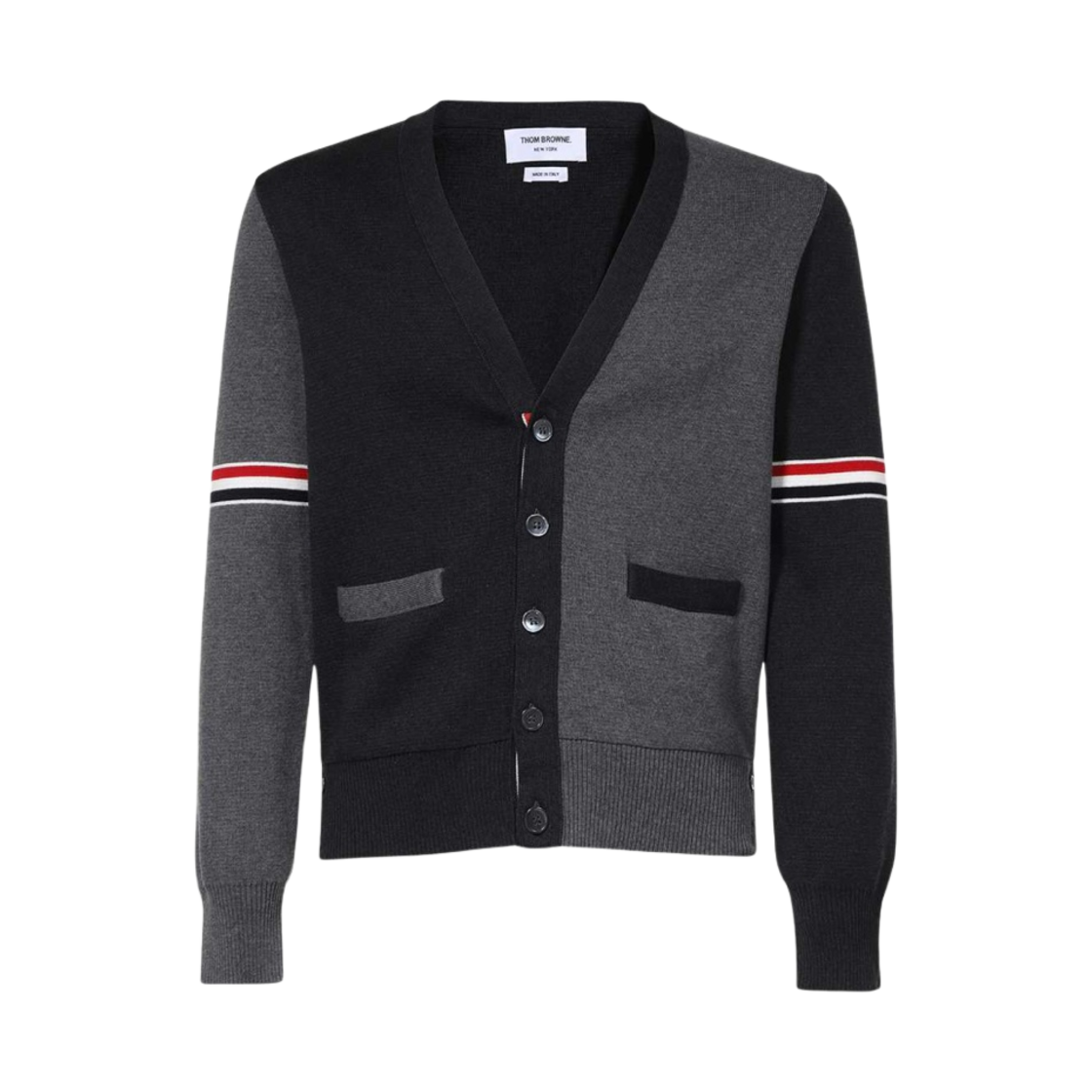 톰브라운 RWB 스트라이프 코튼 밀라노 스티치 브이넥 가디건 토날 그레이(Thom Browne RWB Stripe Cotton Milano Stitch V-Neck Cardigan Tonal Grey)