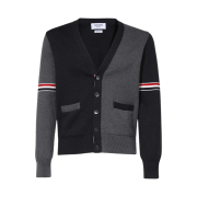 Thom Browne RWB Stripe Cotton Milano Stitch V-Neck Cardigan Tonal Grey
