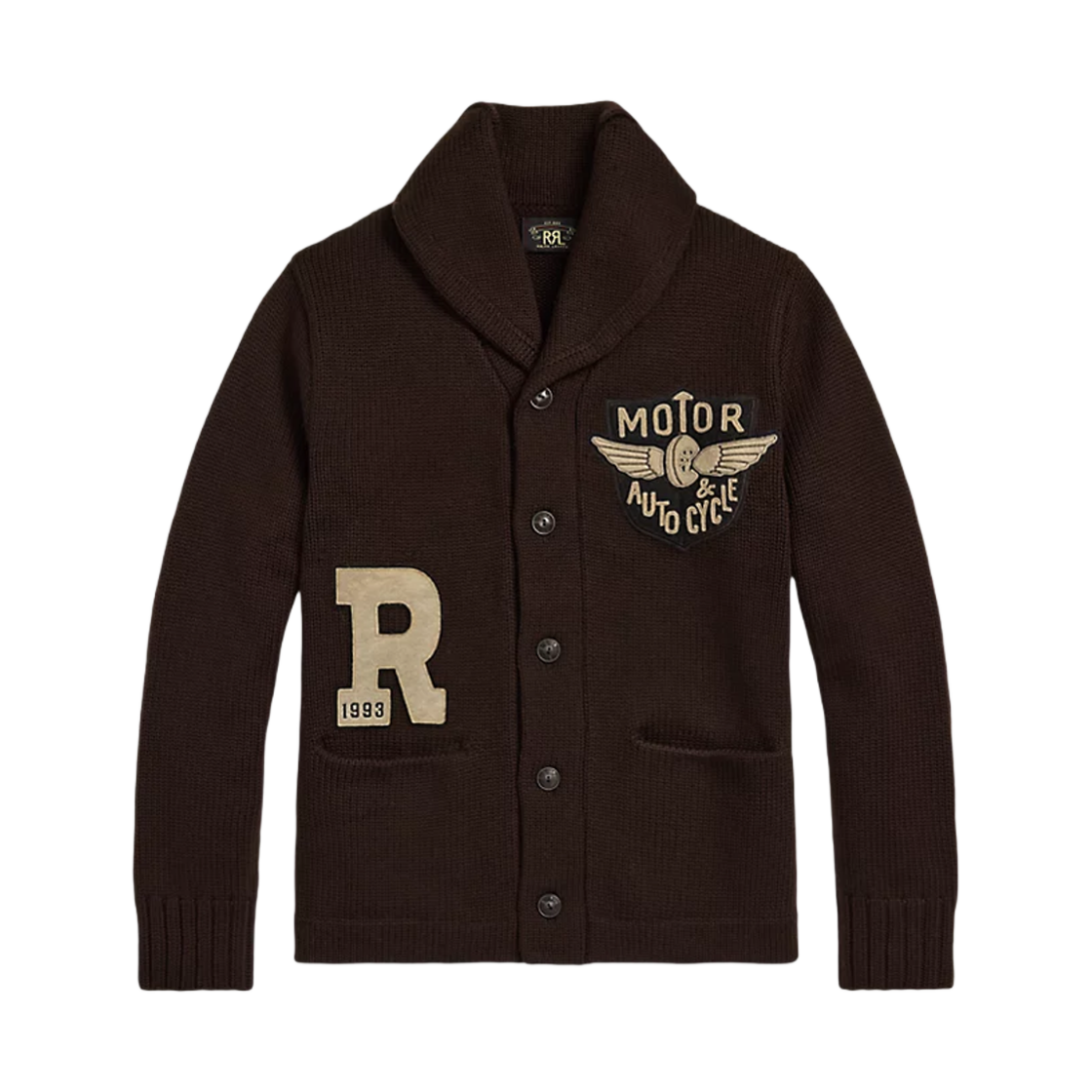 더블알엘 아플리케 울 숄 칼라 가디건 브라운(Double RL Applique Wool Shawl Collar Cardigan Brown)