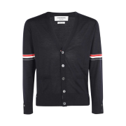 Thom Browne Fine Merino Wool Stripe Relaxed V-Neck Cardigan Navy