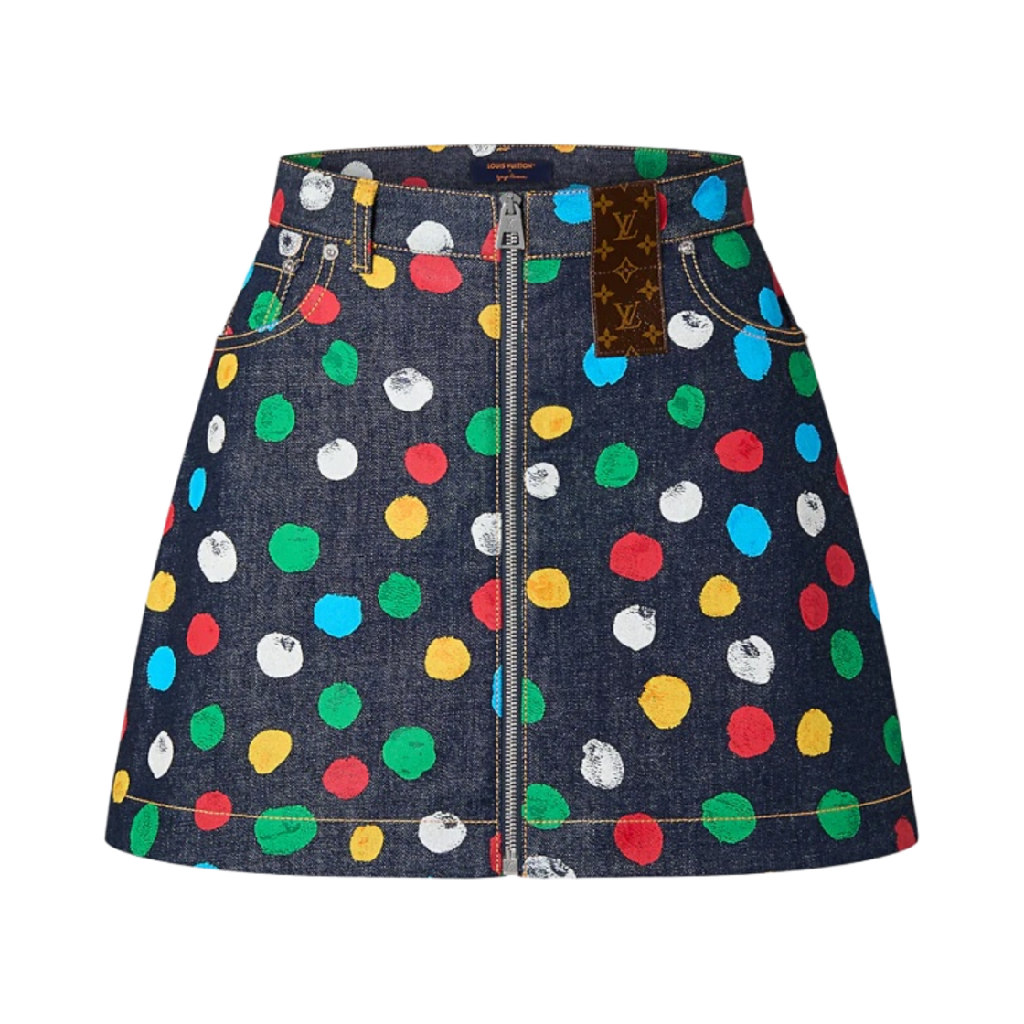 (W) 루이비통 x 야요이 쿠사마 페인티드 닷 데님 미니 스커트 인디고 블루((W) Louis Vuitton x YK Painted Dots Denim Mini Skirt Indigo Blue) - 1