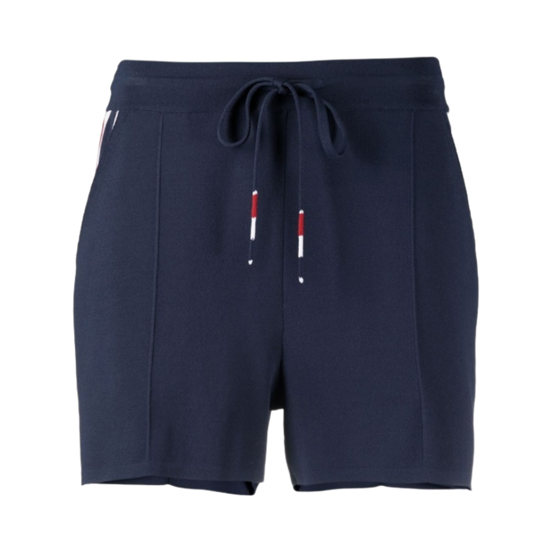 FKQ004A-Y5501-415 (W) Thom Browne Stretch Viscose Intarsia Side Stripe Pintuck Mid Thigh Shorts Navy