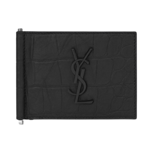 Saint Laurent Cassandre Bill Clip Wallet in Crocodile Embossed Leather Black