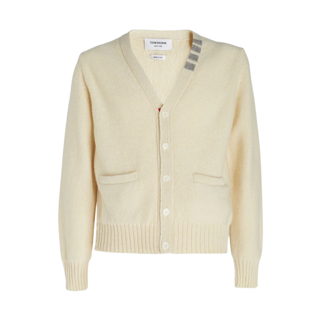 톰브라운 리버스 저지 스티치 도네갈 사선 브이넥 가디건 화이트(Thom Browne Reverse Jersey Stitch Donegal 4-Bar V-Neck Cardigan White) - 1