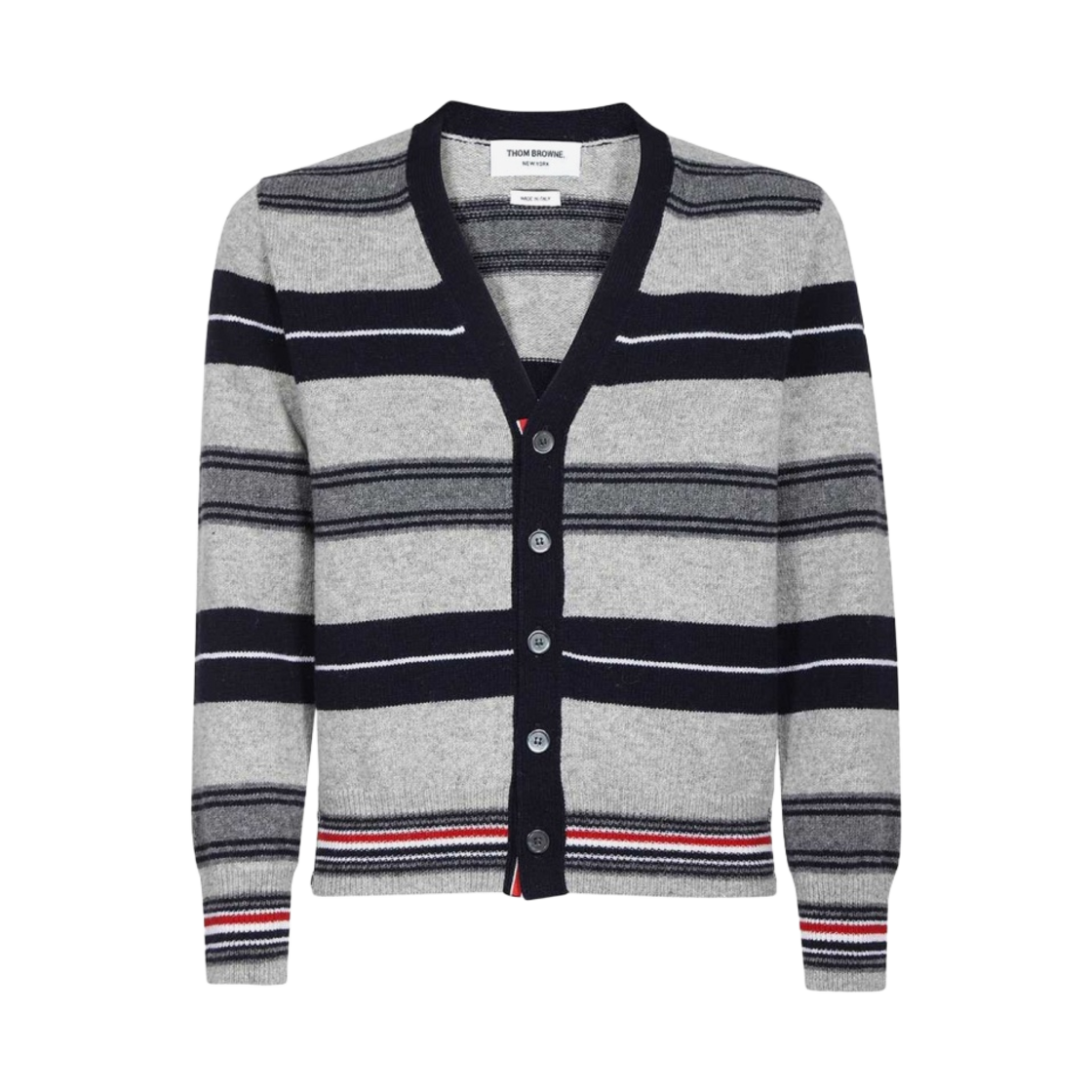 톰브라운 셰틀랜드 울 스트라이프 브이넥 가디건 미디움 그레이(Thom Browne Shetland Wool Stripe V-Neck Cardigan Medium Grey) - 1