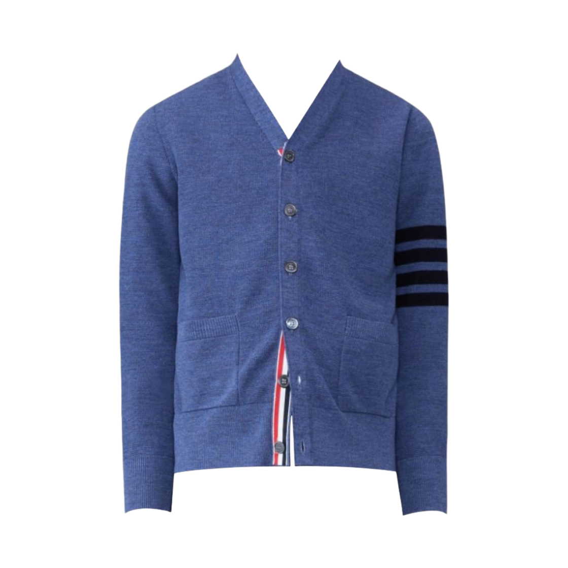 MKC484A-Y1014-435 Thom Browne Fine Merino Waffle 4-Bar High V-Neck Cardigan Dark Blue