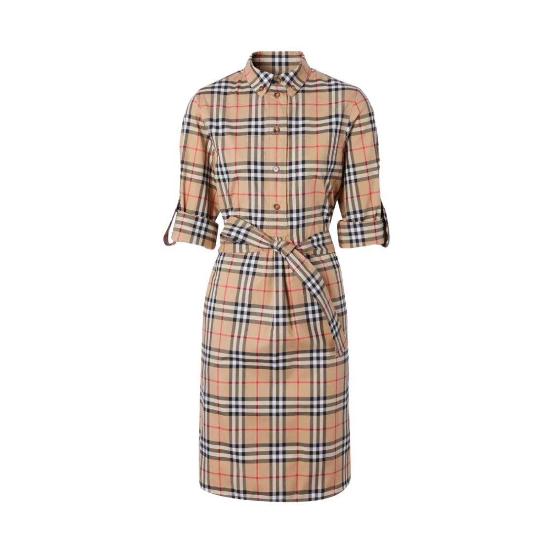 8024585 (W) Burberry Vintage Check Stretch Cotton Tie-Waist Shirt Dress Archive Beige