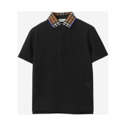 (Kids) Burberry Check Collar Cotton Polo Shirt Black
