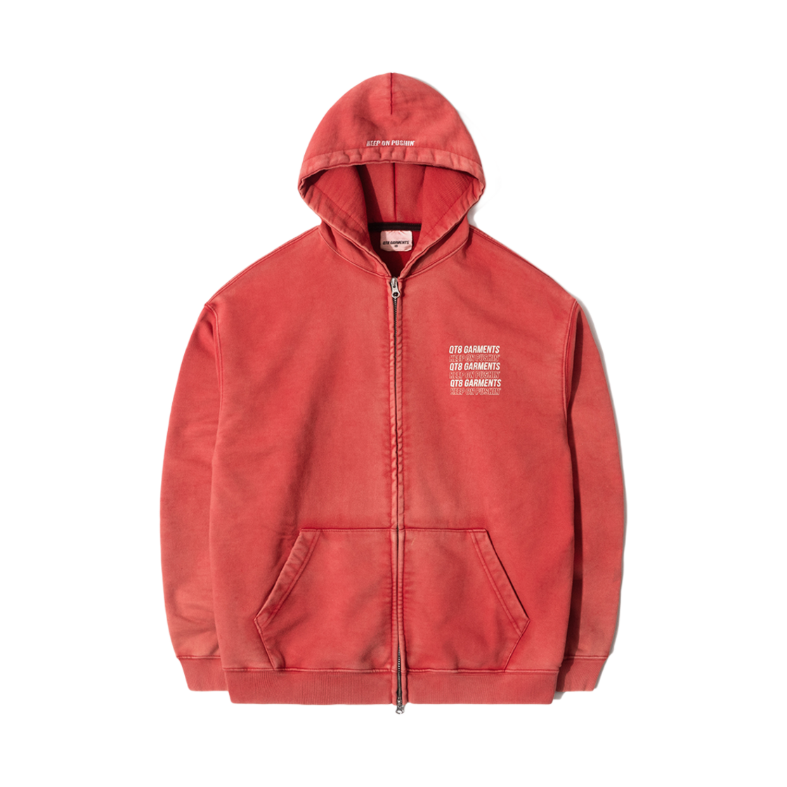 큐티에잇 가먼츠 슬로건 워시드 집업 후디 레드