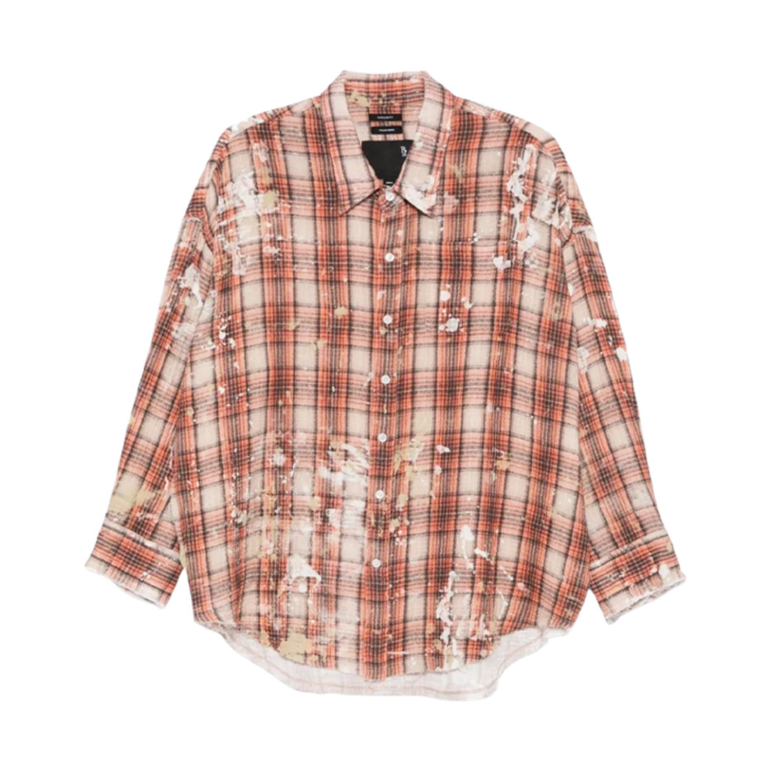 (W) R13 슈레디드 심 드롭 넥 셔츠 오렌지 플레이드 페인트 스플레터((W) R13 Shredded Seam Drop Neck Shirt Orange Plaid Paint Splatter)