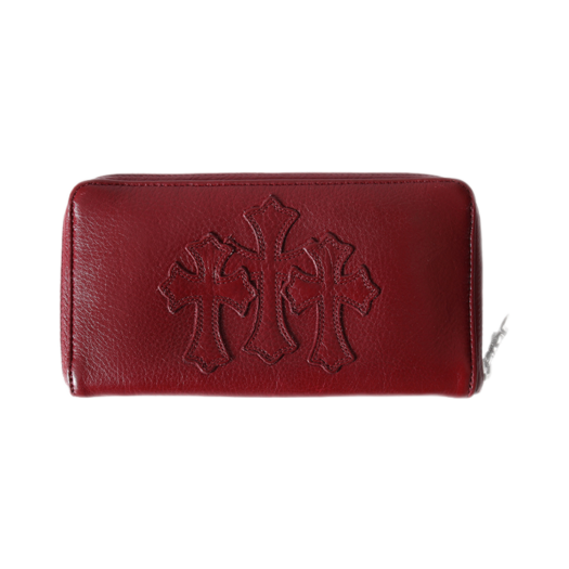 888824242424 Hansroom Chrome Hearts 3 Cross Round Zipper Leather Wallet Red