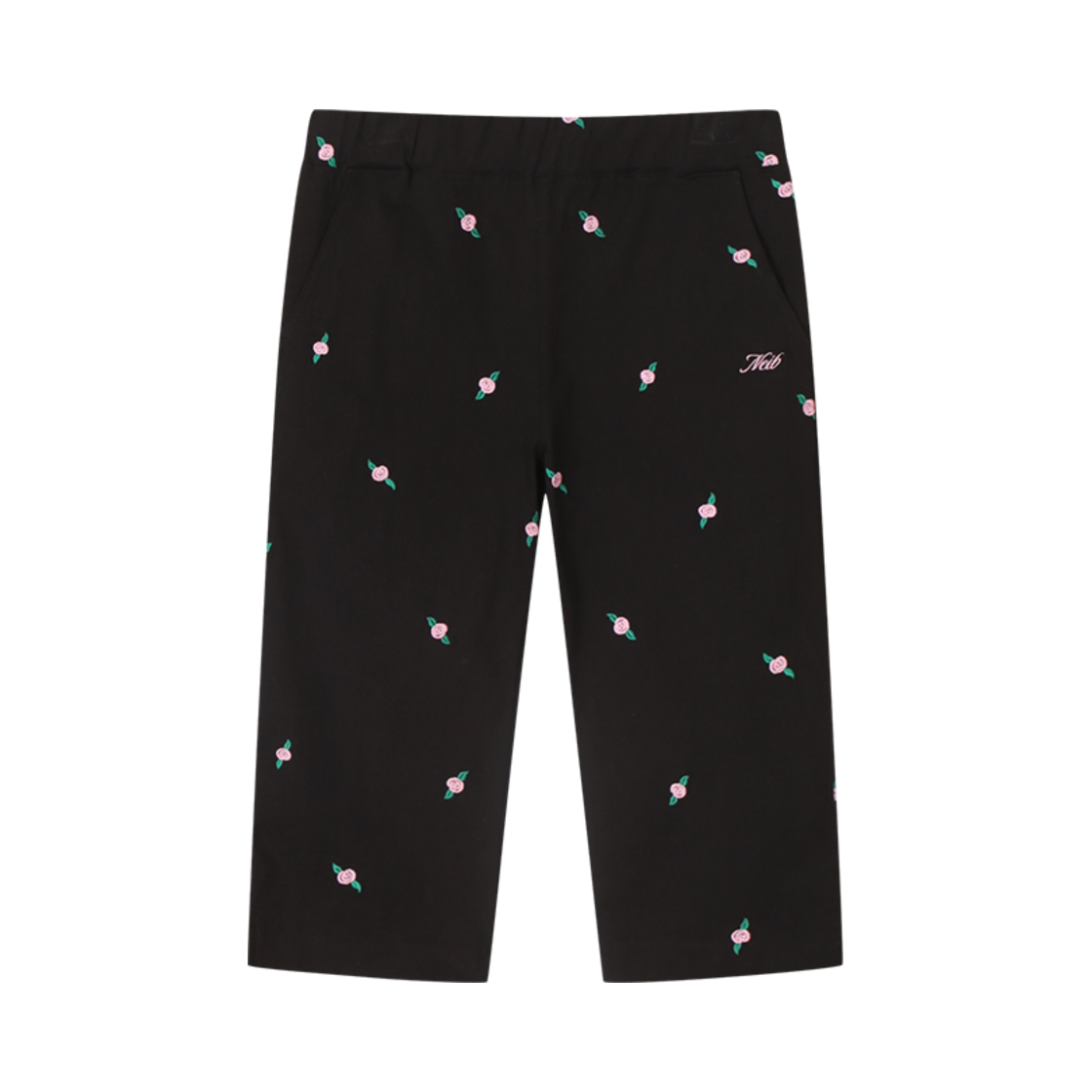 네이비 로즈 엠브로이더리 코튼 카프리 팬츠 블랙(Neib Rose Embroidery Cotton Capri Pants Black)