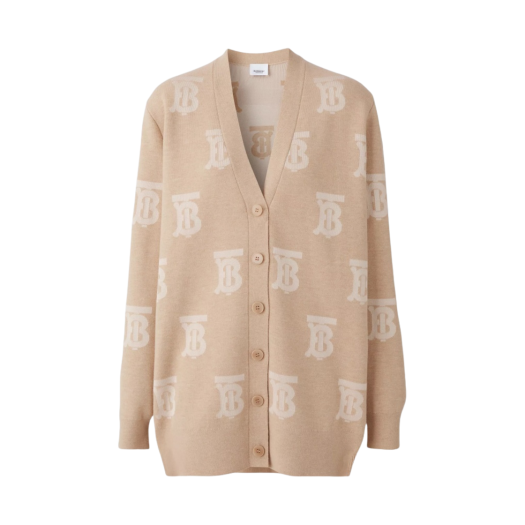 (W) Burberry Monogram Wool Silk Blend Oversized Cardigan Light Camel