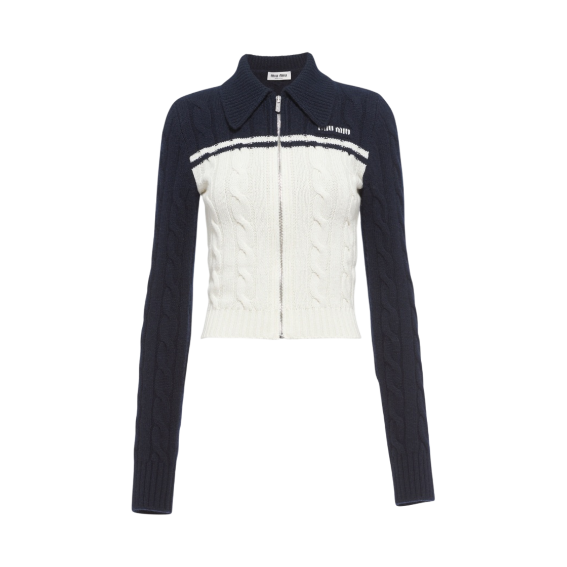 MMF622-11FP-F0UB0 (W) Miu Miu Wool Cashmere Zipper Cardigan White Blue - 대표 이미지 #1